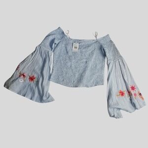 Guess Women's Large Off Shoulder Smocked Flare Bell Sleeve Embroidered‎ Flower